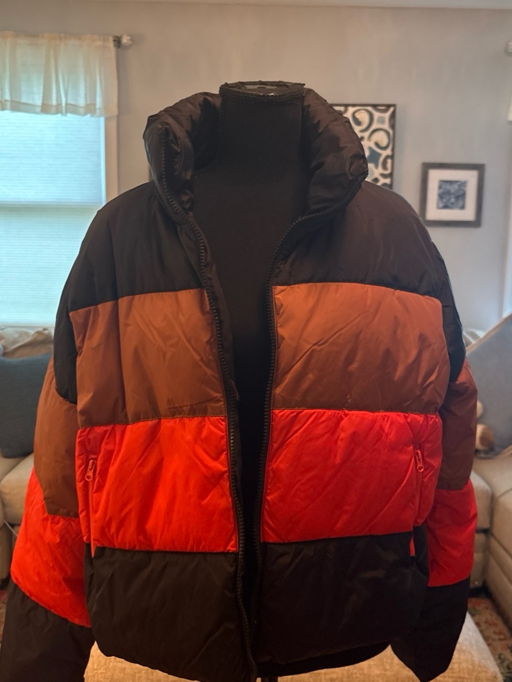 Steve Madden Black Brown and Red Colorblock Puffer Jacket